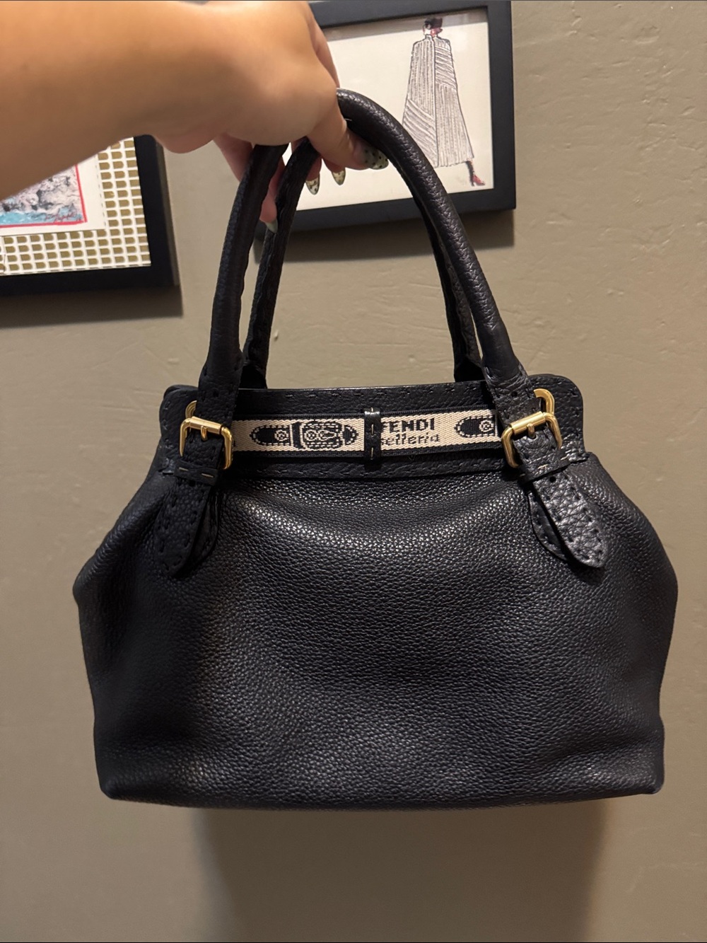 Authentic Fendi Selleria Small Black Pebbled Leather Horse Embossed Handbag|Rare - Picture 6 of 14